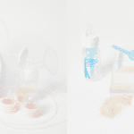 Breast pump and bottles filled with formula